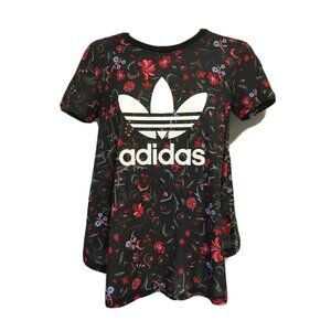 Adidas 3 Stripes Brand Tshirt Floral Size XS Dual Print Short Sleeve Flare HI-lo